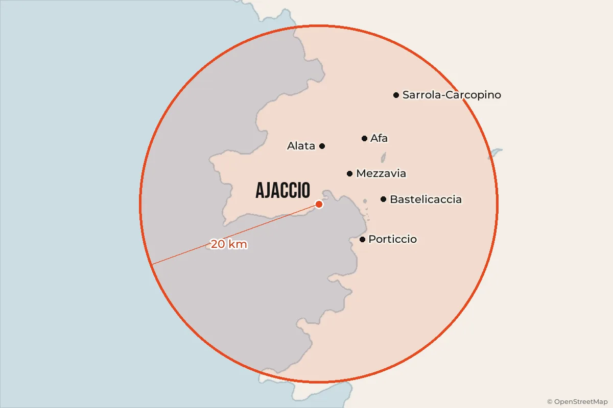 Carte de la zone d'intervention de SINOPIA : un rayon de 20 km autour d'Ajaccio